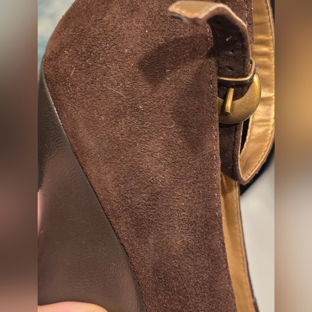 Brown Suede And Leather Ankle-Strap Wedges - size 7.5 - Picture 12 of 14